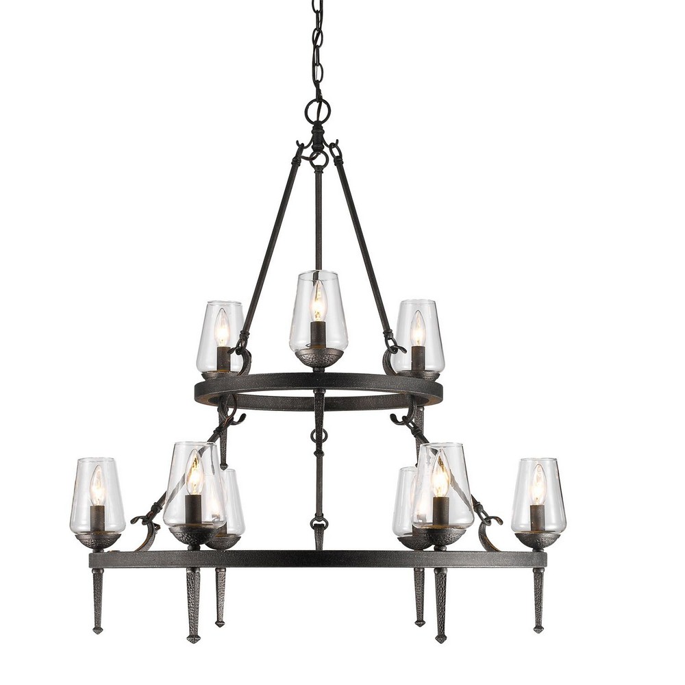 Golden Lighting-1208-9 DNI-Marcellis - 2 Tier Chandelier 9 Light Steel in Rustic style - 37.25 Inches high by 34 Inches wide   Dark Natural Iron Finish with Clear Glass